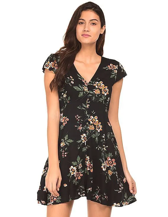 Aeropostale Floral Printed V-Neck Fit And Flare Dress