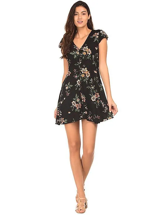 Aeropostale Floral Printed V-Neck Fit And Flare Dress