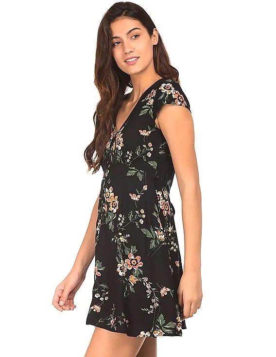 Aeropostale Floral Printed V-Neck Fit And Flare Dress