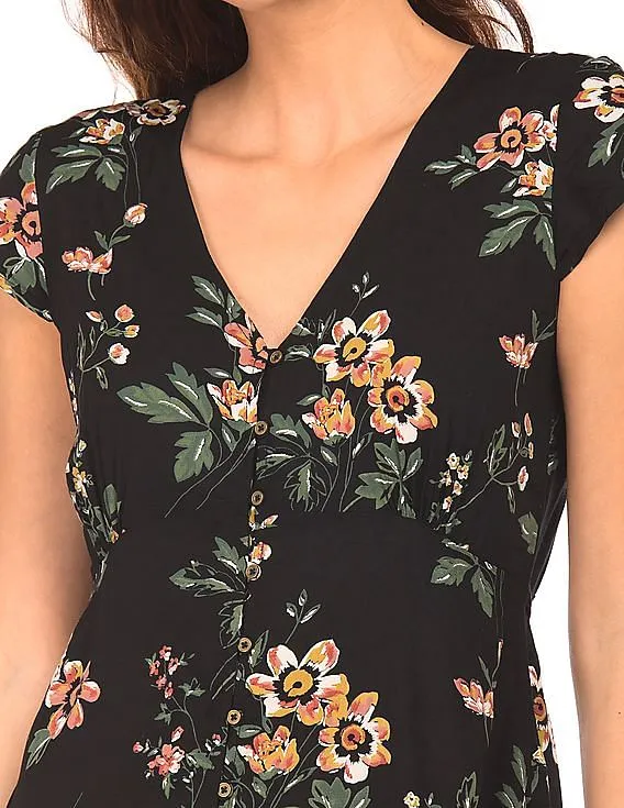 Aeropostale Floral Printed V-Neck Fit And Flare Dress