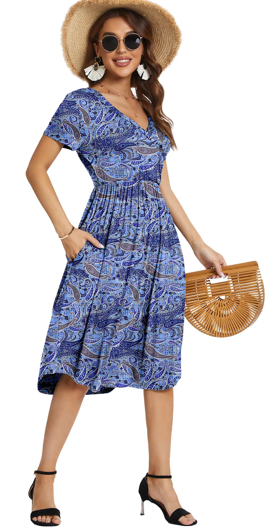 Aiyino Womens Summer Casual Swing Midi Dress with Pockets