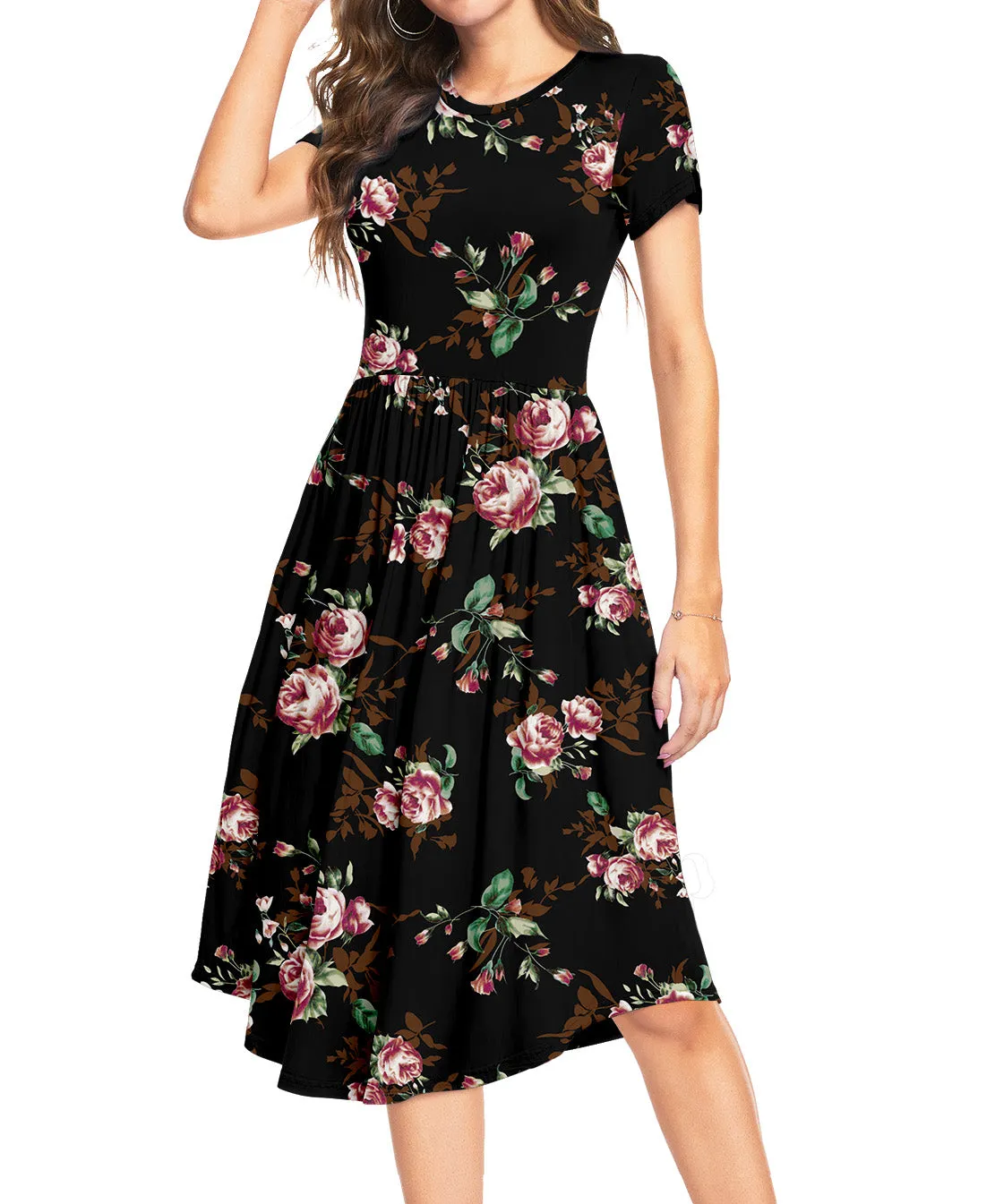 Aiyino Womens Summer Casual Swing Midi Dress with Pockets