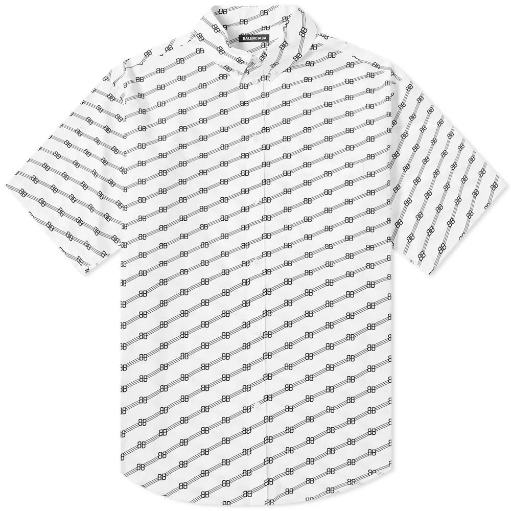 Balenciaga All Over Print Motif Short Sleeve ShirtWhite & Black