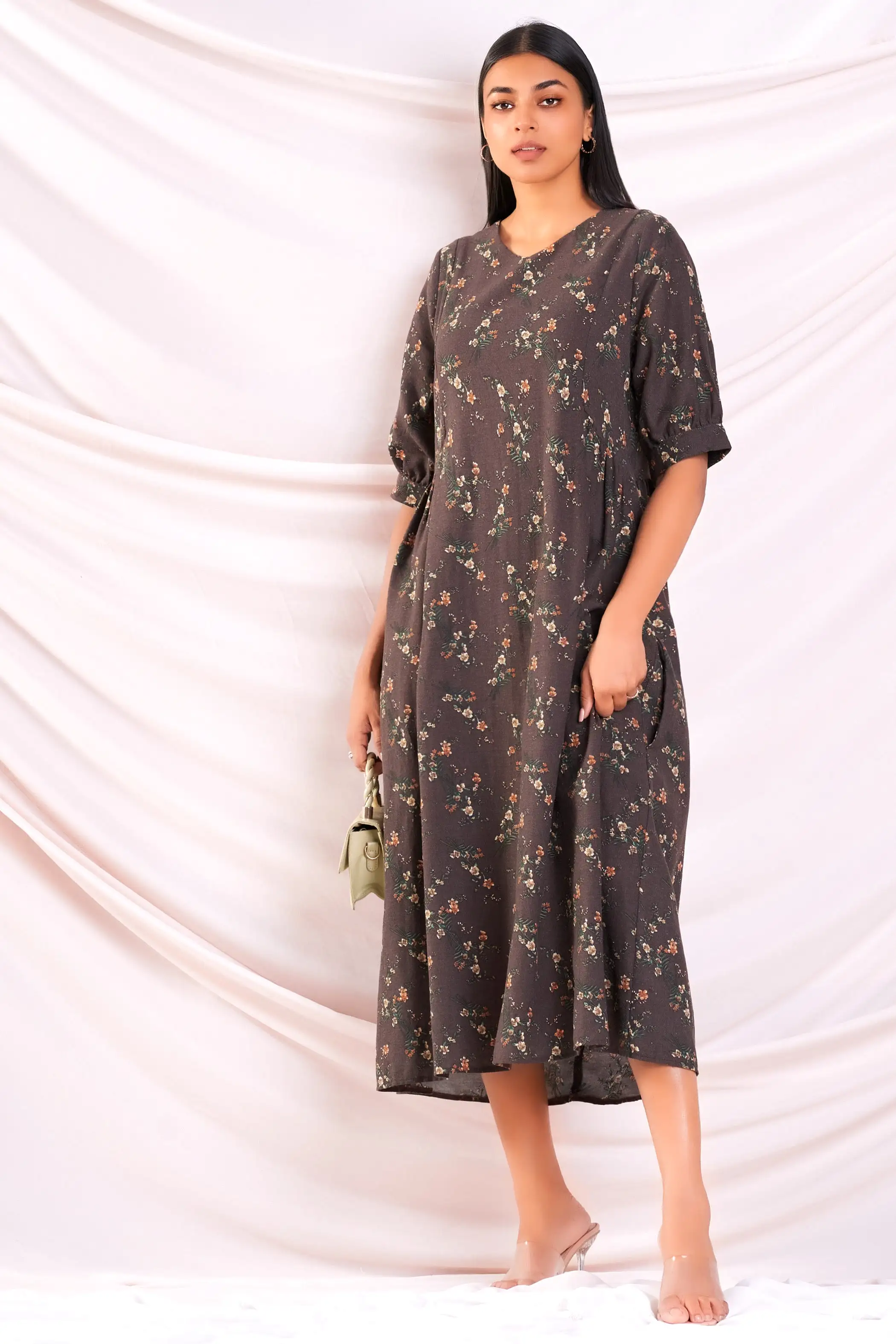 Brown Printed Aline Dress