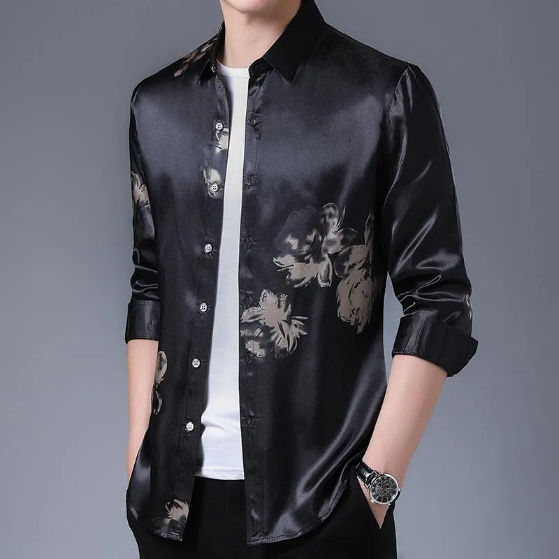 Casual Streetwear Slim Regular Fit Floral Printed Long Sleeve Shirt for Men