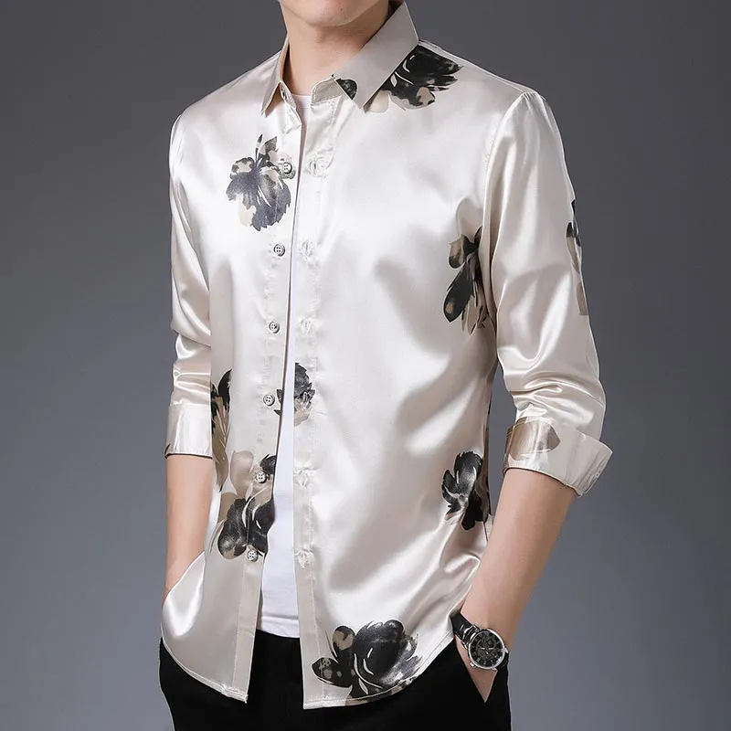 Casual Streetwear Slim Regular Fit Floral Printed Long Sleeve Shirt for Men