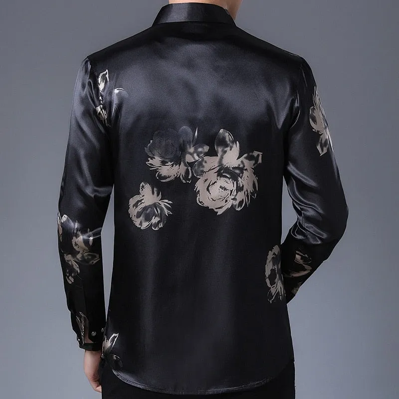 Casual Streetwear Slim Regular Fit Floral Printed Long Sleeve Shirt for Men