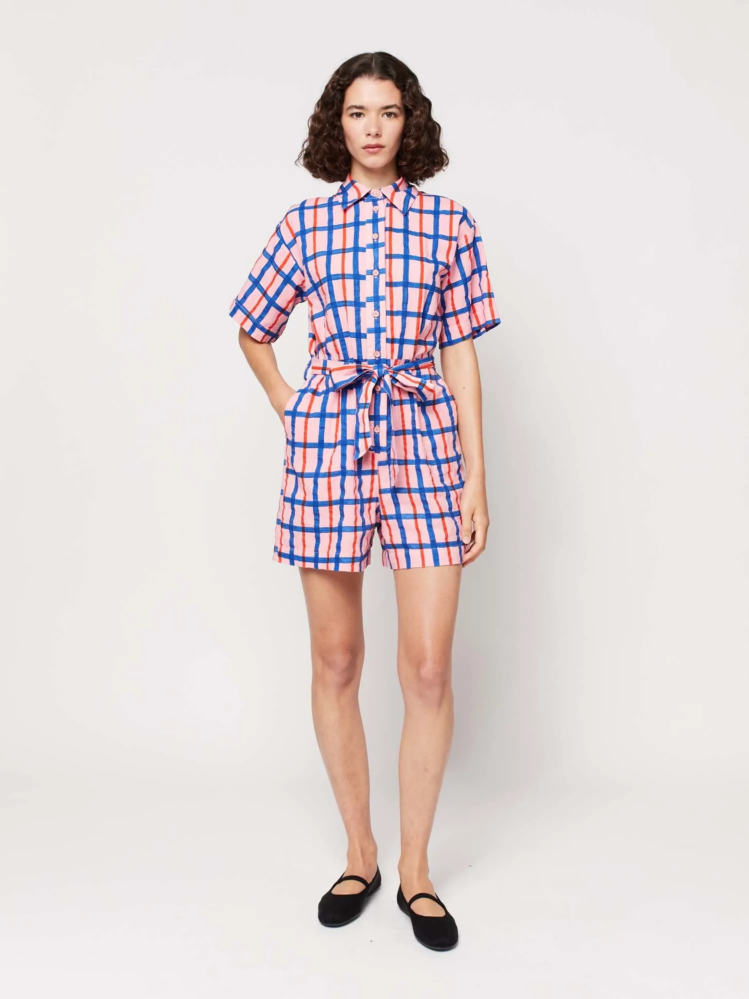 Checked Collar Buttoned Short Playsuit