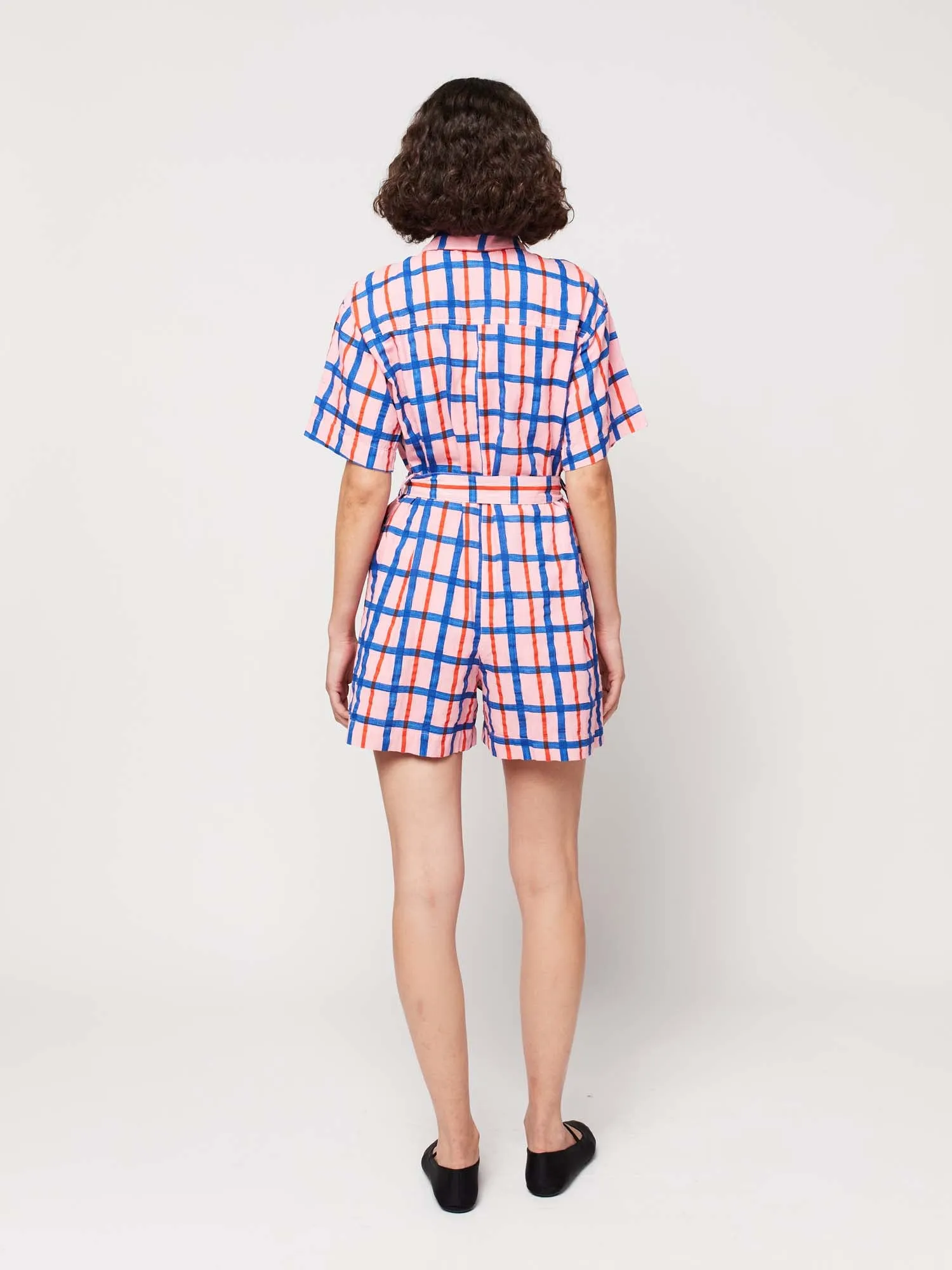 Checked Collar Buttoned Short Playsuit