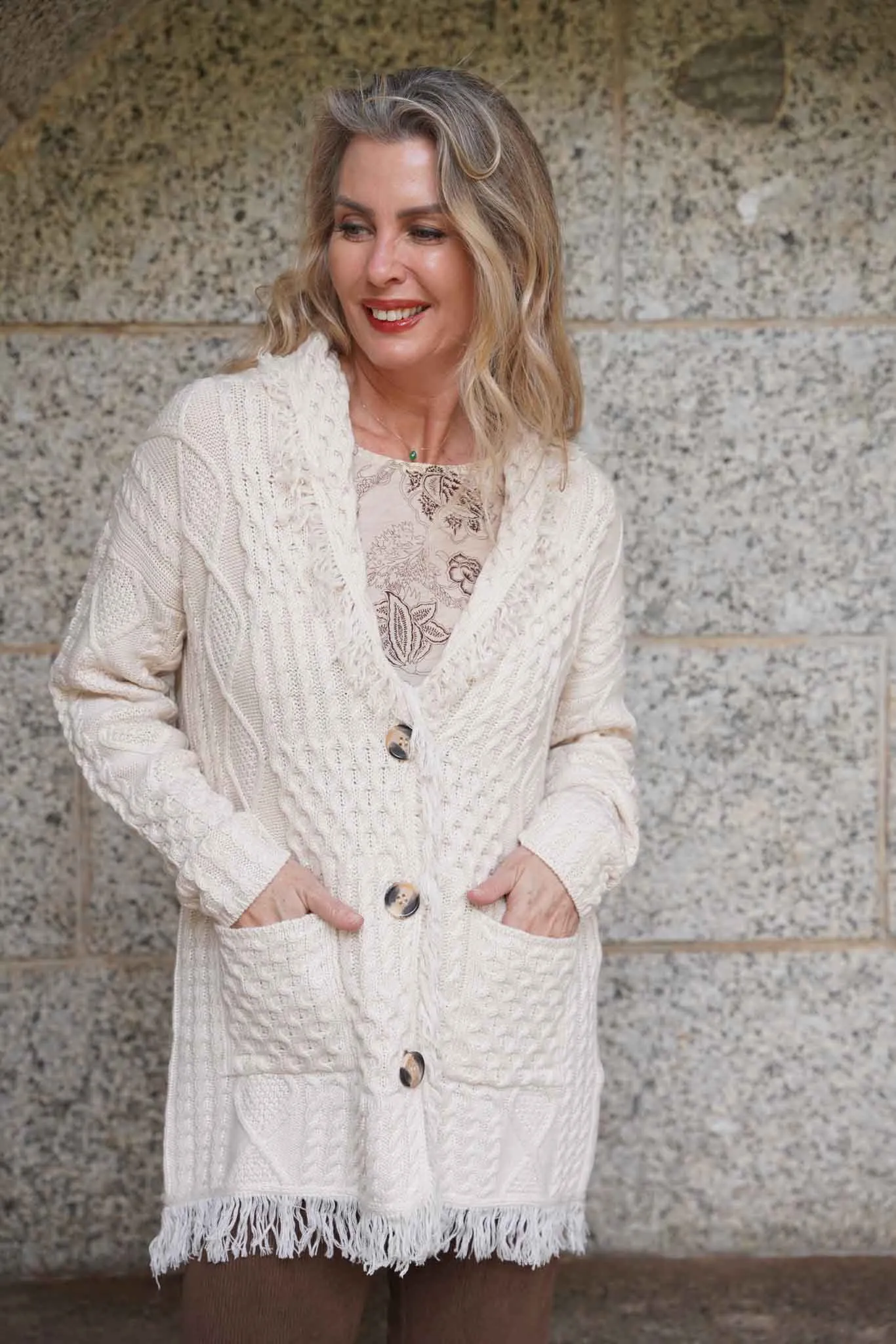 Cream Fringe Cable Coat