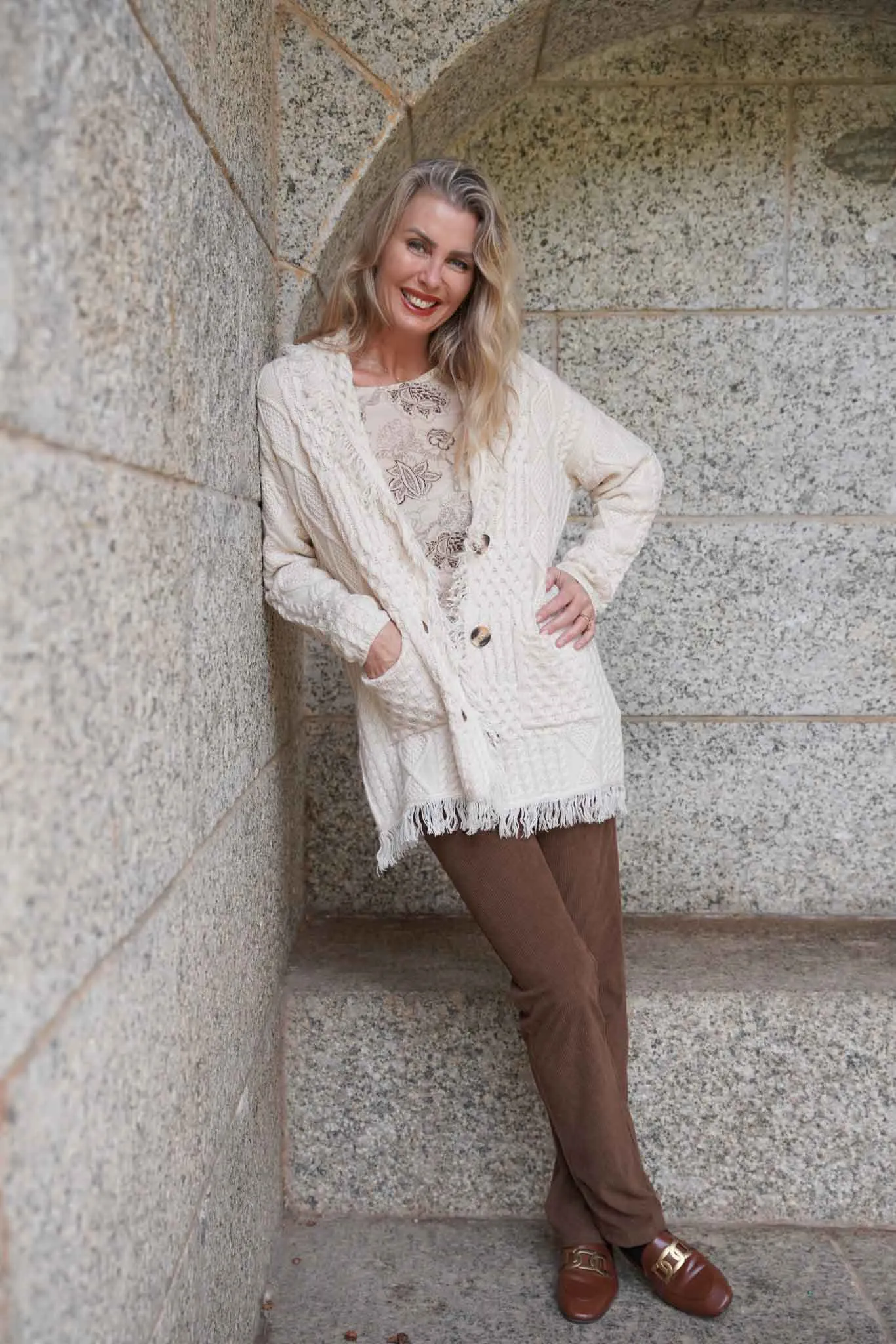 Cream Fringe Cable Coat