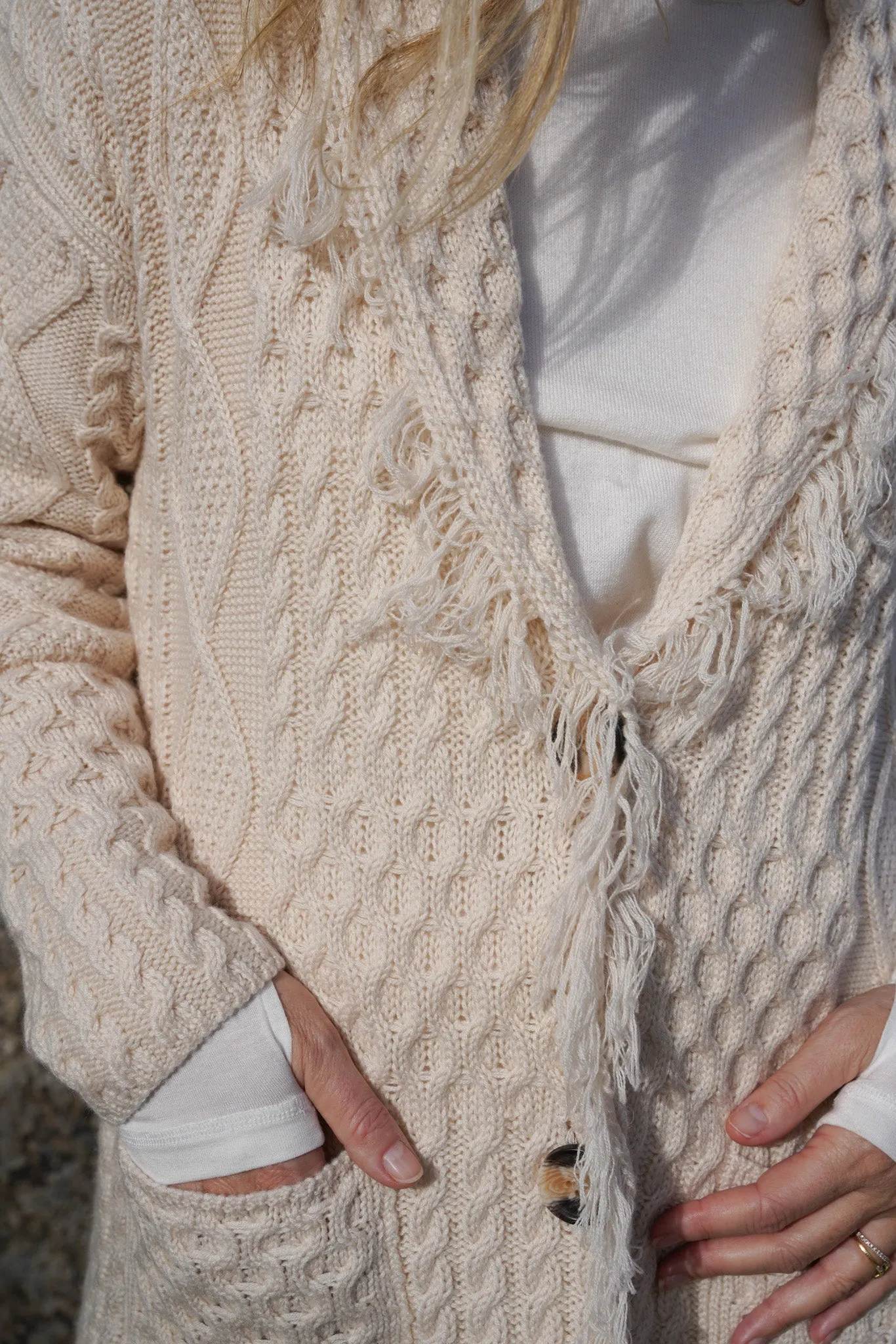 Cream Fringe Cable Coat