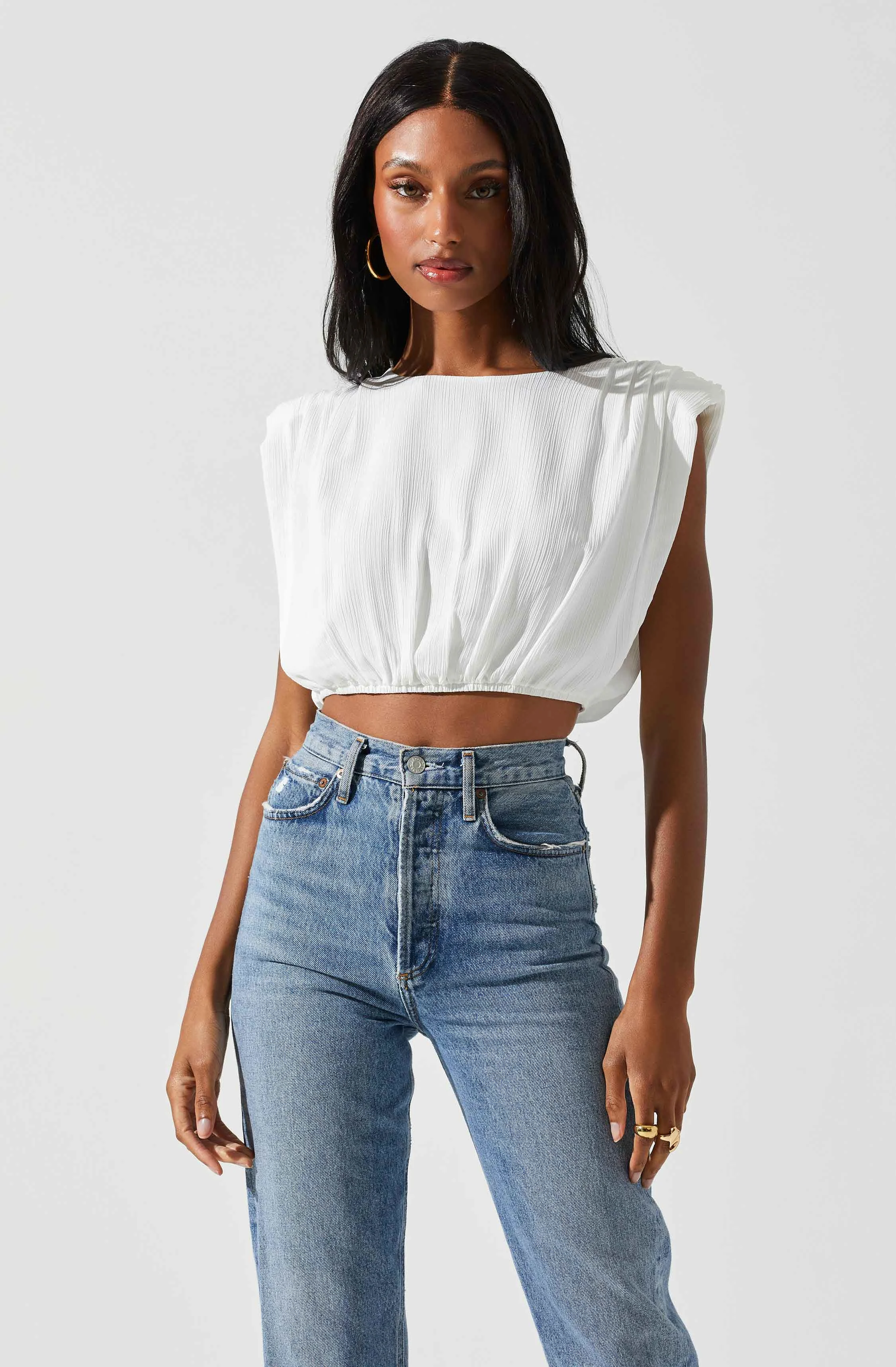 Cropped Plisse Balloon Hem Top