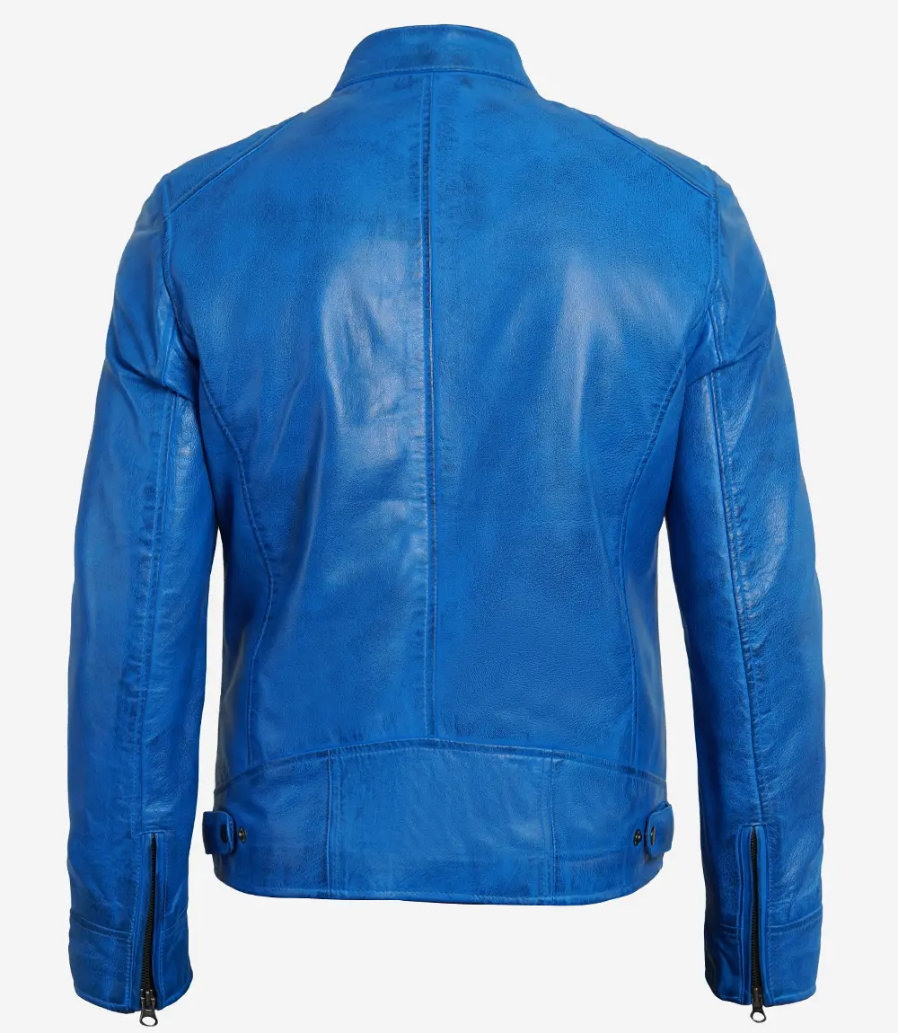 Dodge Cafe Racer Blue Leather Jacket Men