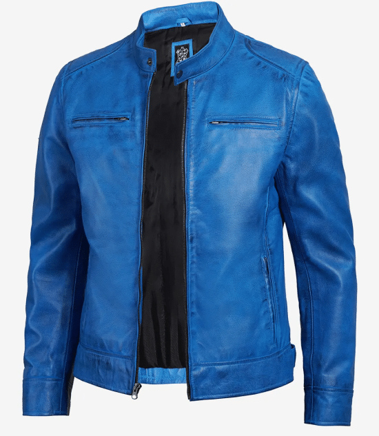 Dodge Cafe Racer Blue Leather Jacket Men