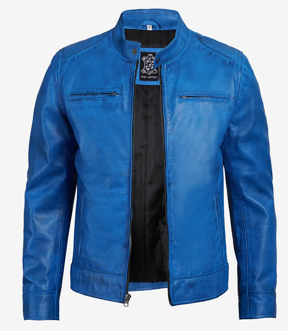 Dodge Cafe Racer Blue Leather Jacket Men