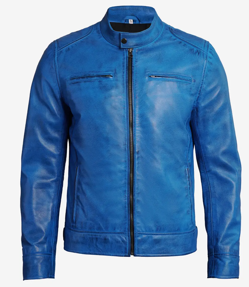 Dodge Cafe Racer Blue Leather Jacket Men