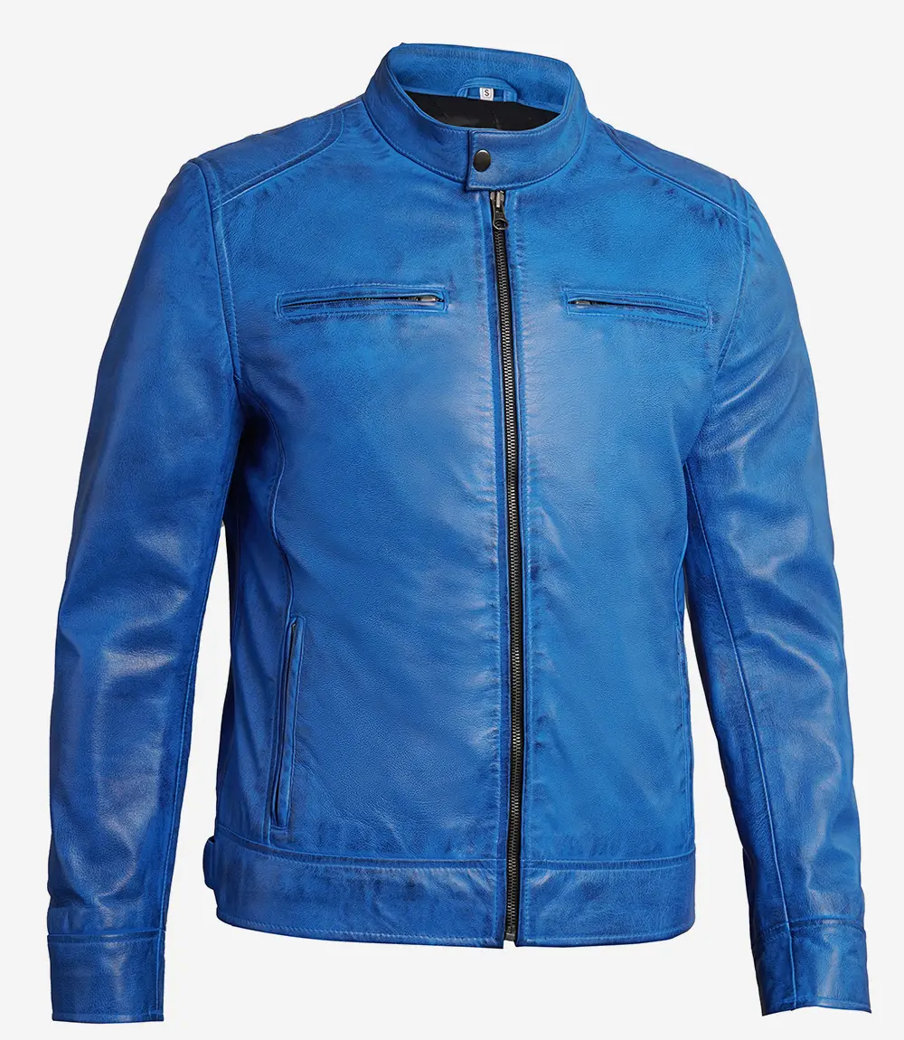 Dodge Cafe Racer Blue Leather Jacket Men