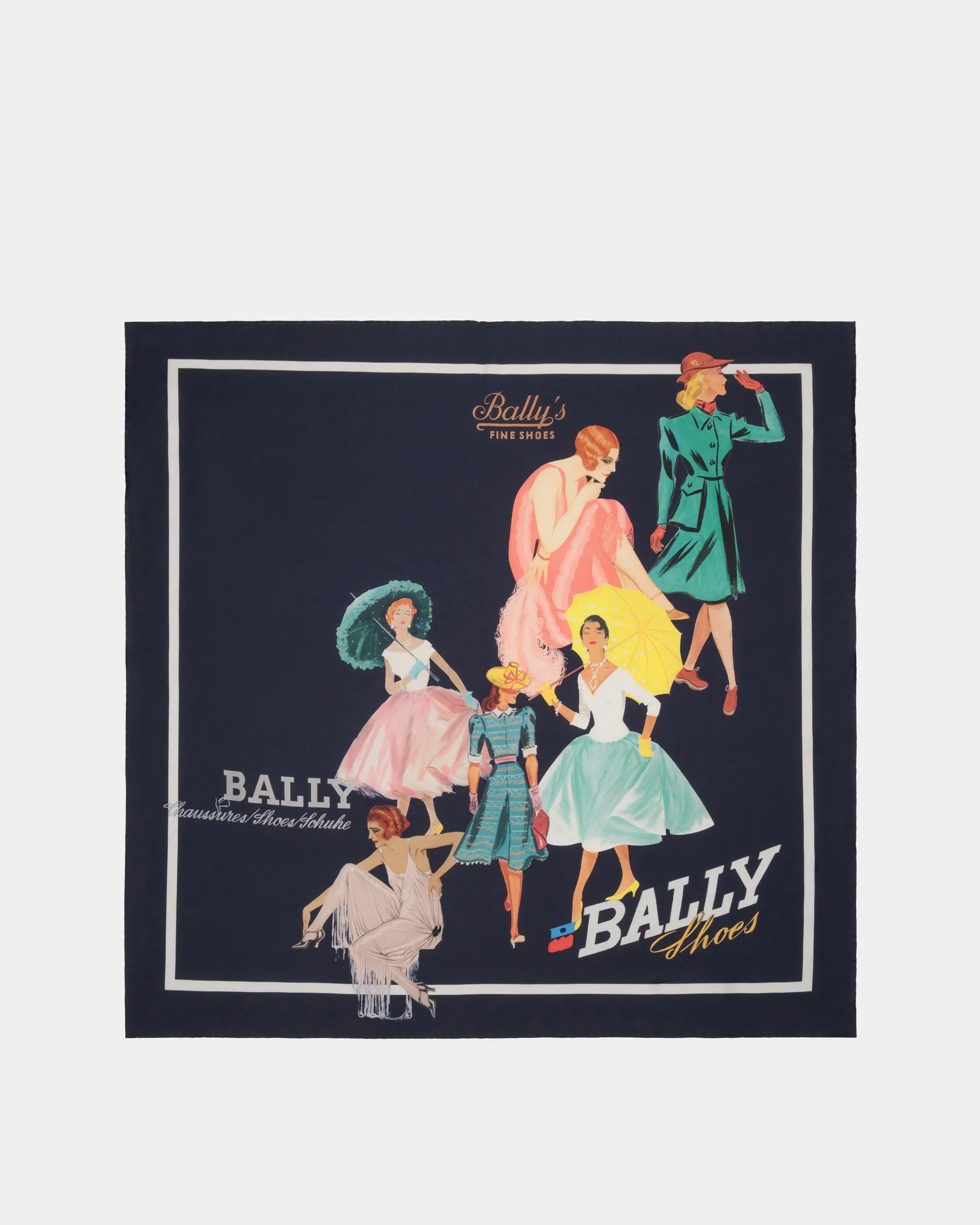 Foulard With Bally Ladies Print In Navy Blue Silk 