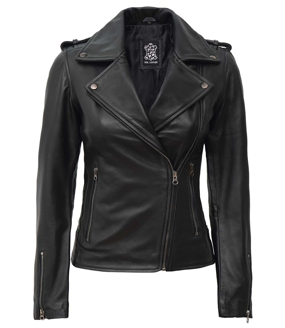 Kirsten Women's Black Asymmetrical Leather Biker Jacket