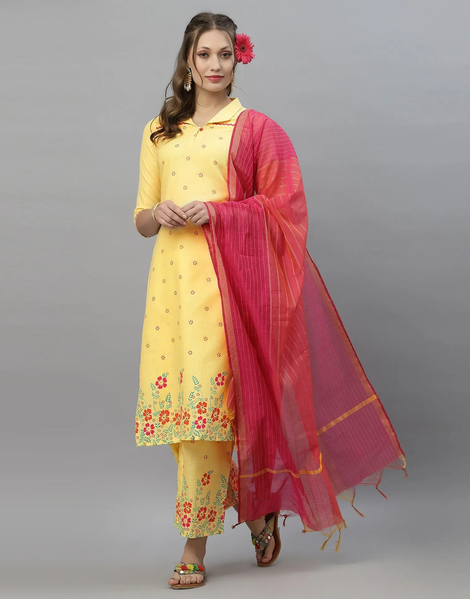 Light Yellow Kurti With Pant And Dupatta