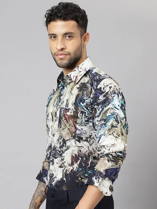 Men Beige Abstract Printed Viscose Rayon Slim Fit Party Shirt