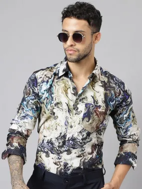 Men Beige Abstract Printed Viscose Rayon Slim Fit Party Shirt