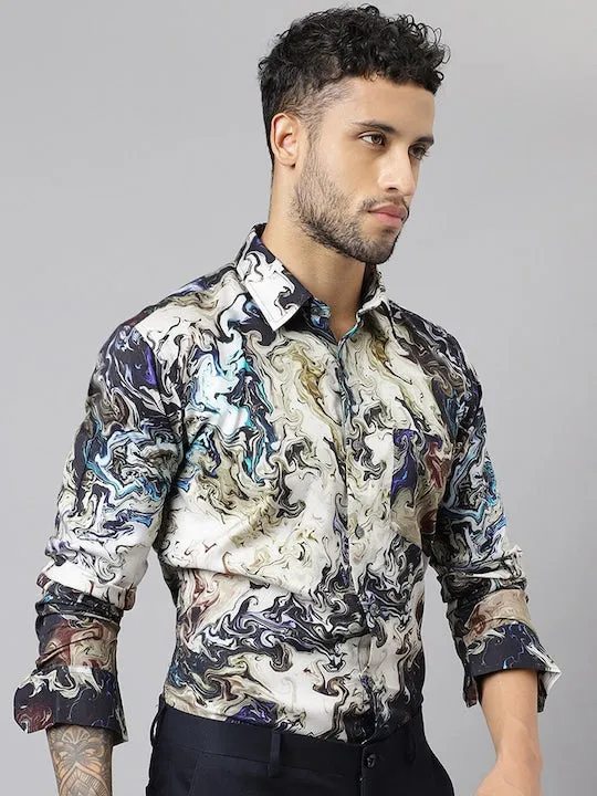 Men Beige Abstract Printed Viscose Rayon Slim Fit Party Shirt