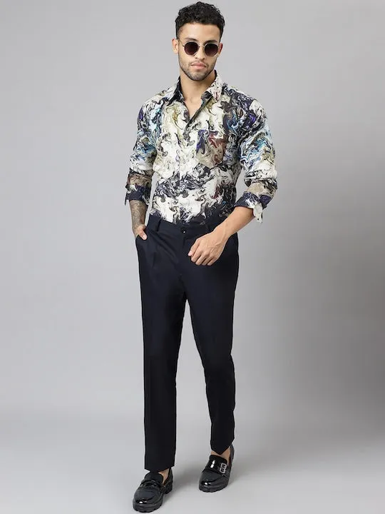 Men Beige Abstract Printed Viscose Rayon Slim Fit Party Shirt