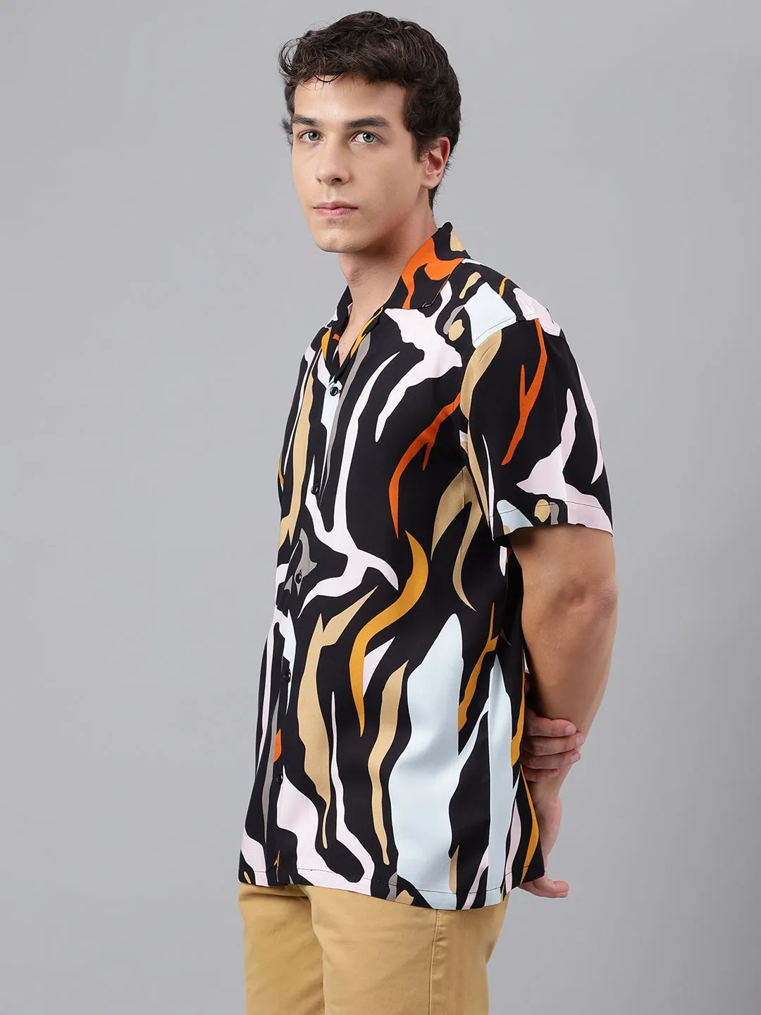 Men Black & Multi Abstract Printed Viscose Rayon Regular Fit Resort Shirt