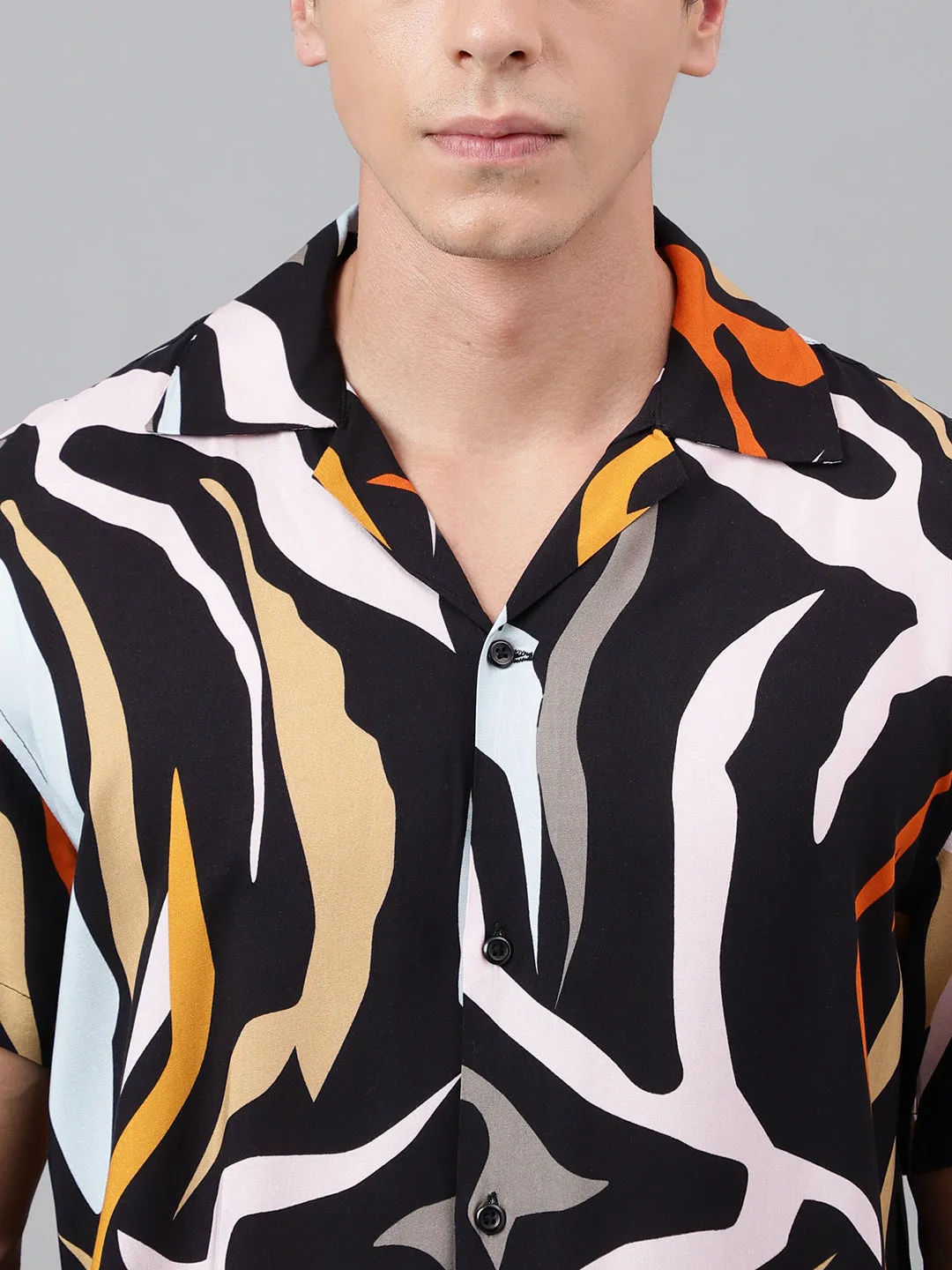 Men Black & Multi Abstract Printed Viscose Rayon Regular Fit Resort Shirt