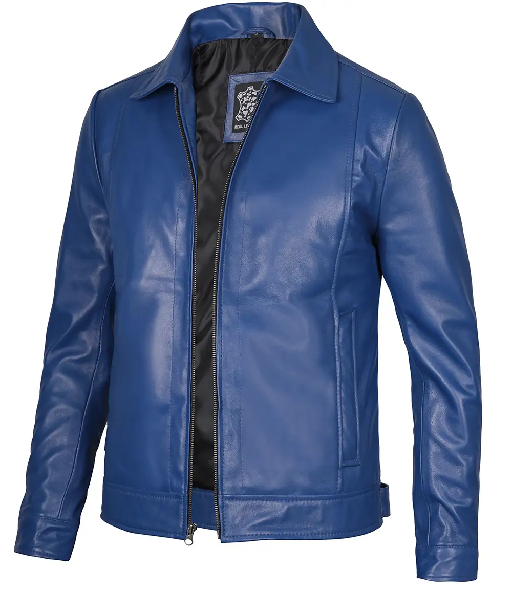 Men's Blue Real Leather Harrington Jacket