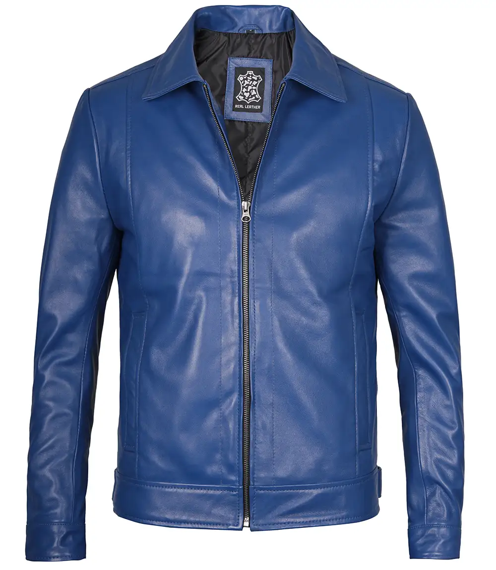 Men's Blue Real Leather Harrington Jacket