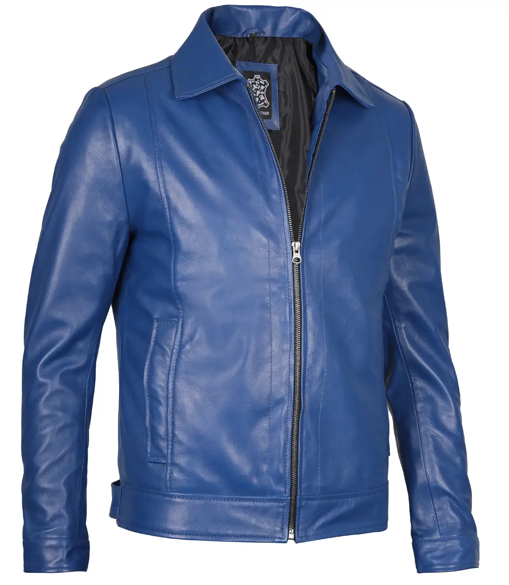 Men's Blue Real Leather Harrington Jacket