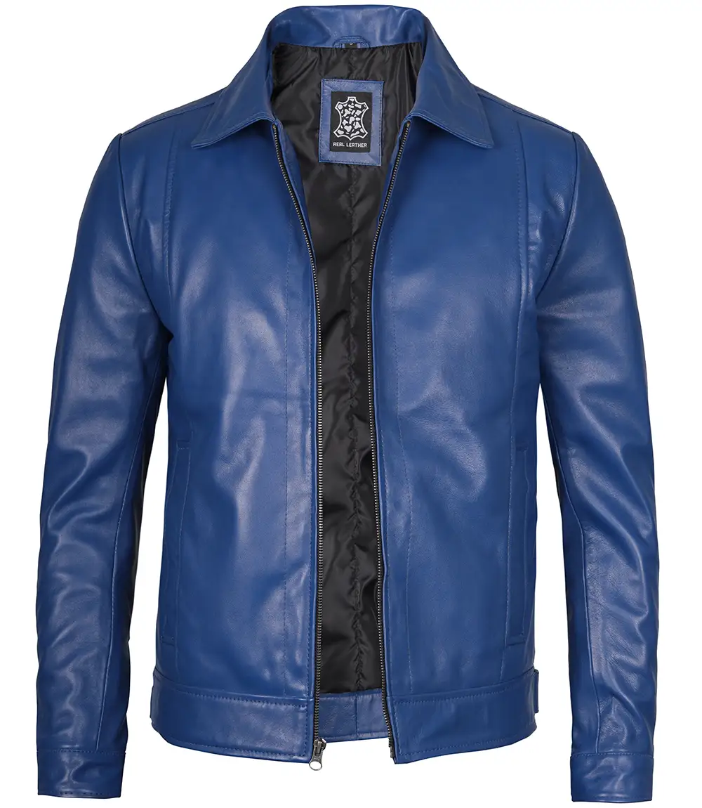 Men's Blue Real Leather Harrington Jacket