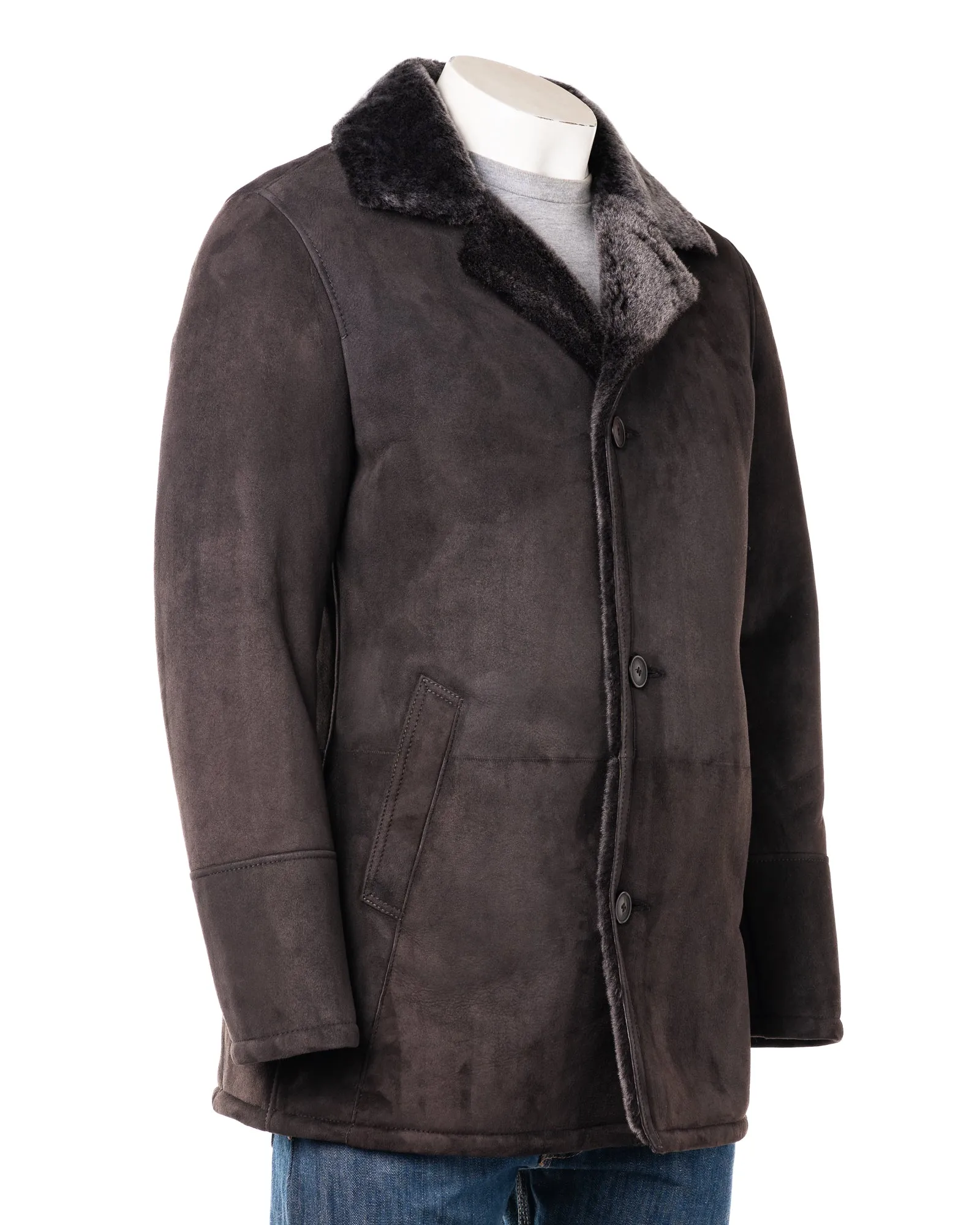 Mens 3/4 Deep Brown Shearling Sheepskin Coat: Darius