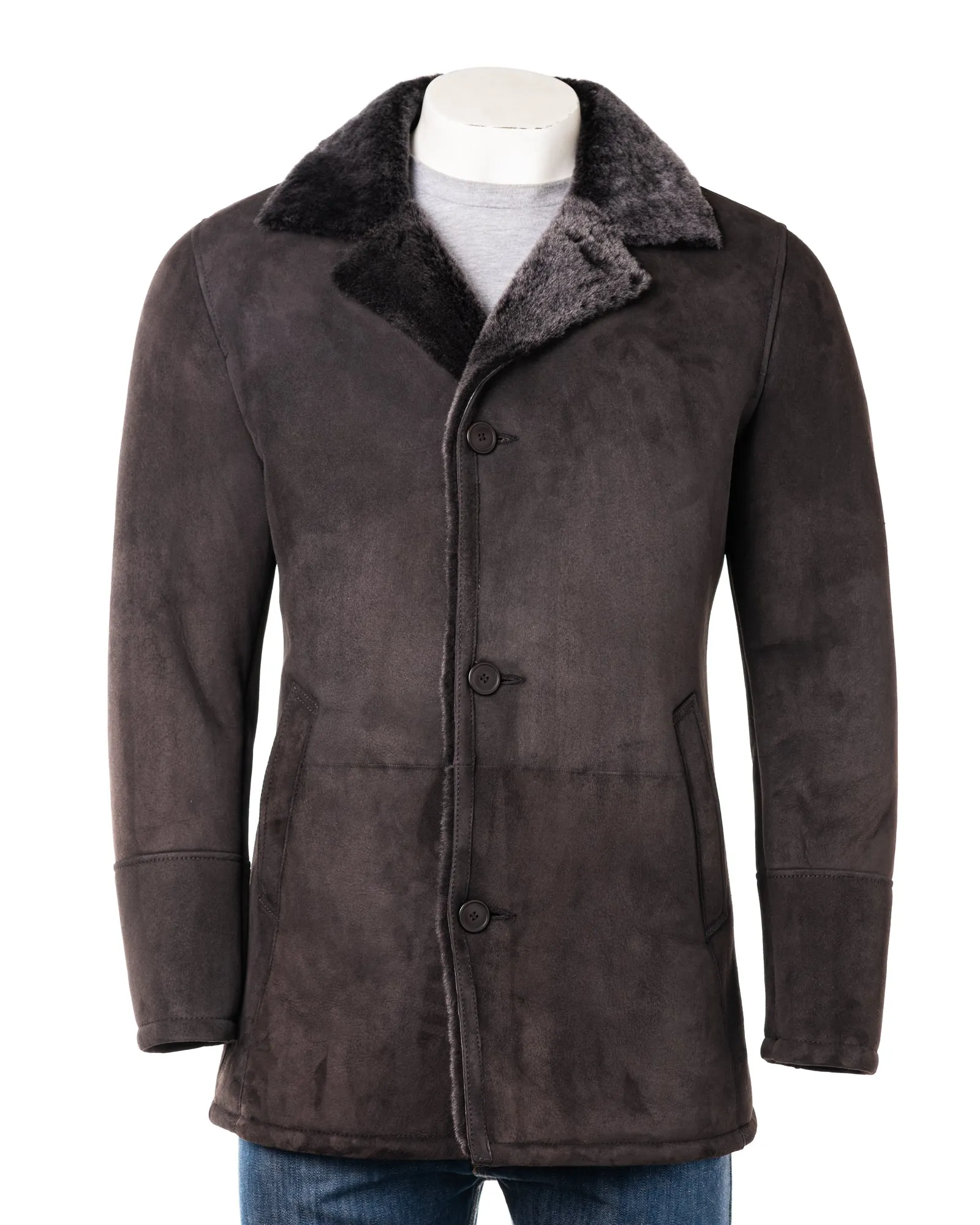 Mens 3/4 Deep Brown Shearling Sheepskin Coat: Darius