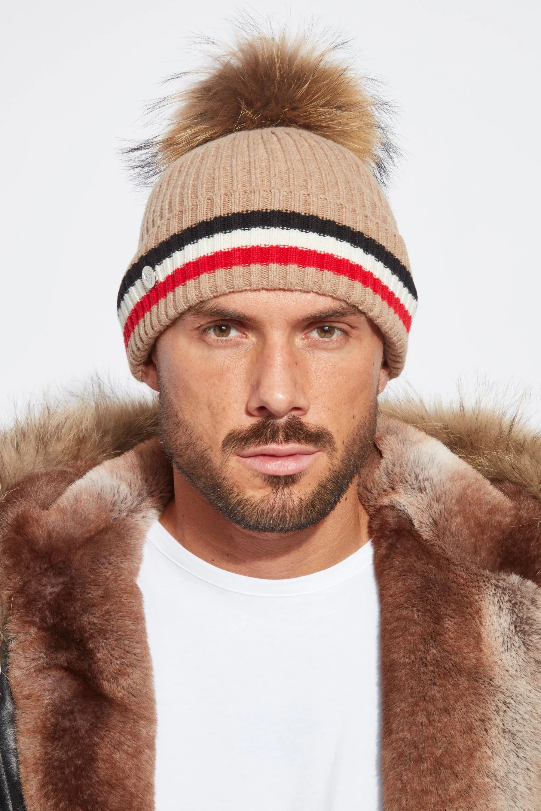 Mens Aston Merino Wool Pom Pom Hat - Biscuit