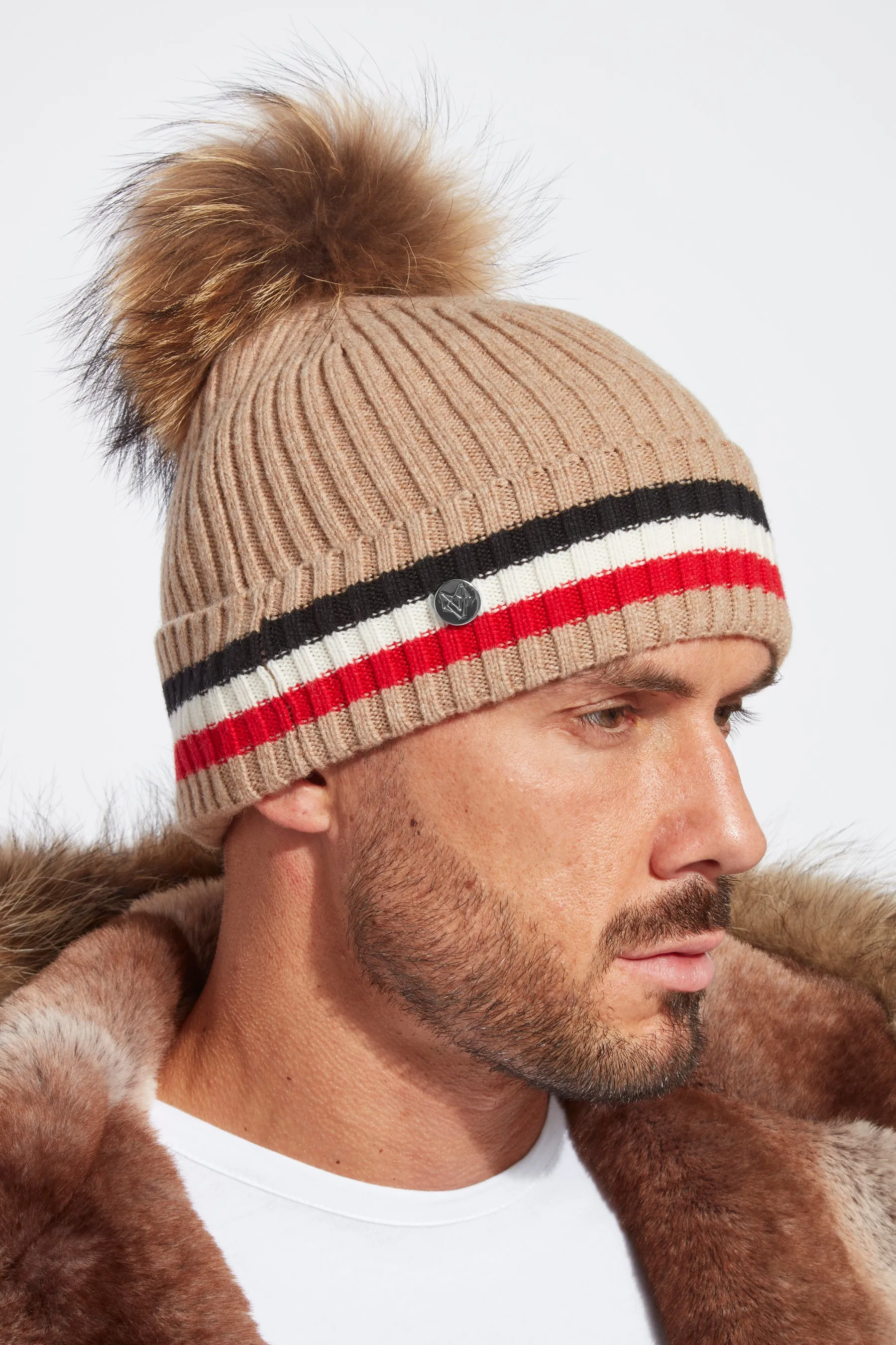 Mens Aston Merino Wool Pom Pom Hat - Biscuit