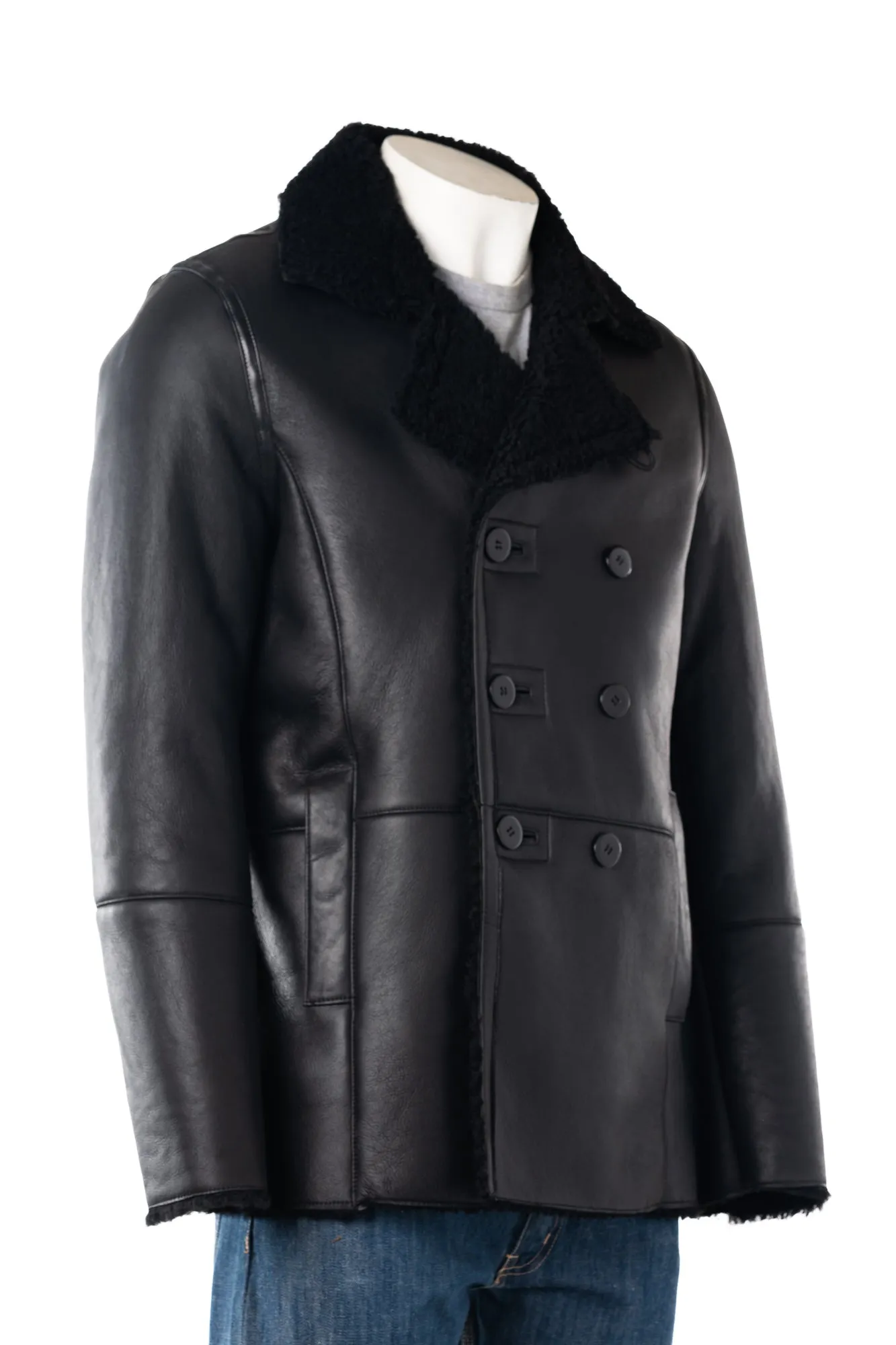 Men's Black Double Breasted Shearling Sheepskin Button-Up Coat: Rafael