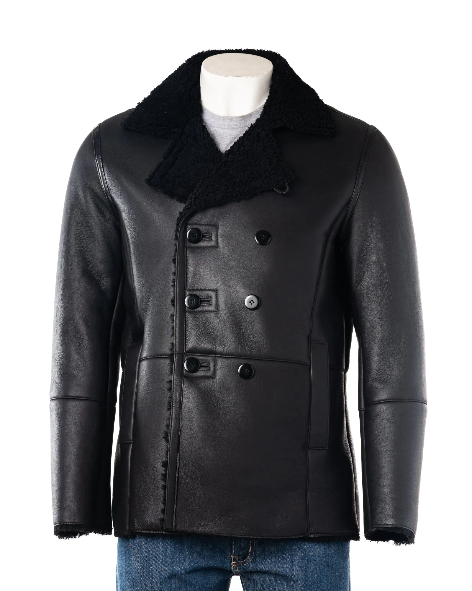 Men's Black Double Breasted Shearling Sheepskin Button-Up Coat: Rafael