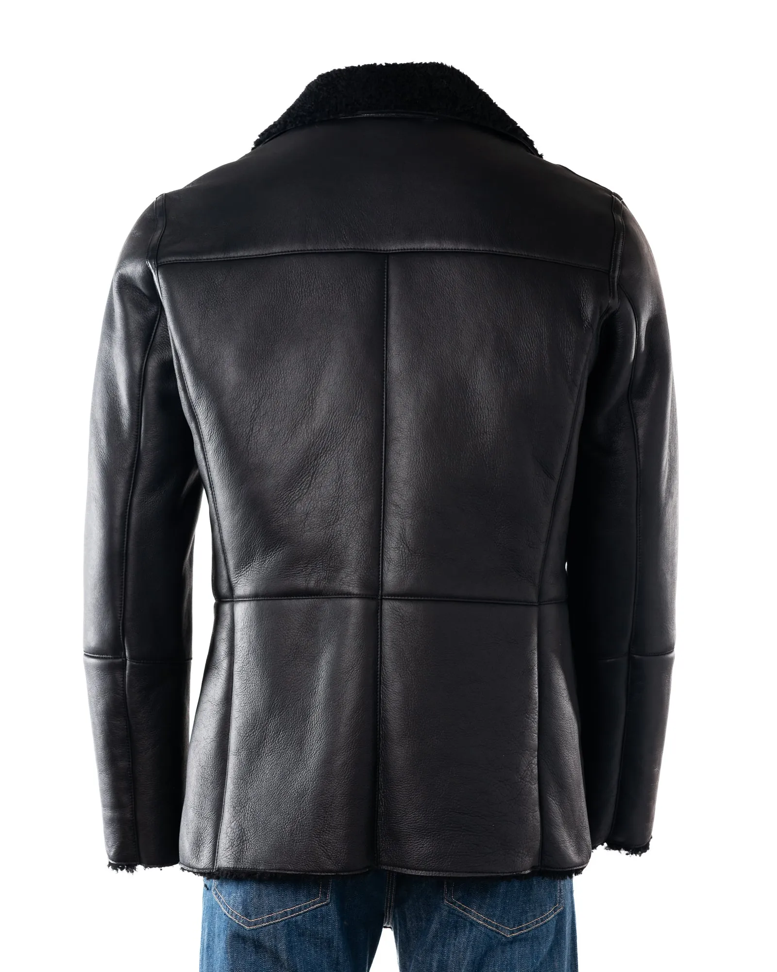 Men's Black Double Breasted Shearling Sheepskin Button-Up Coat: Rafael