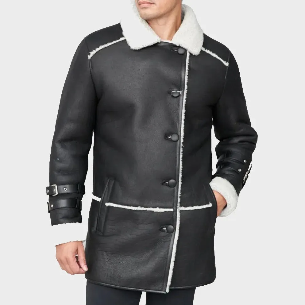 Men's Black Sheepskin Shearling Car Coat