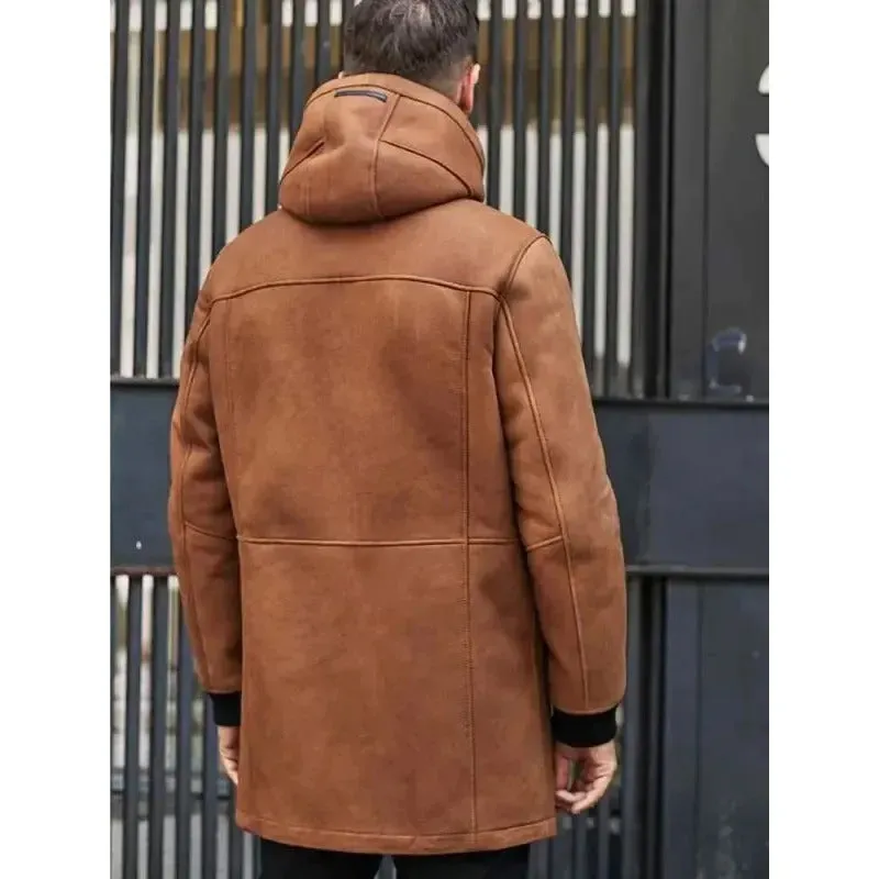 Men's Brown Hooded Sheepskin Shearling Winter Coat