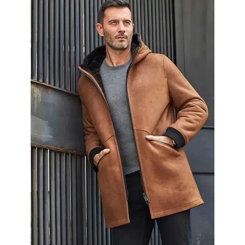 Men's Brown Hooded Sheepskin Shearling Winter Coat