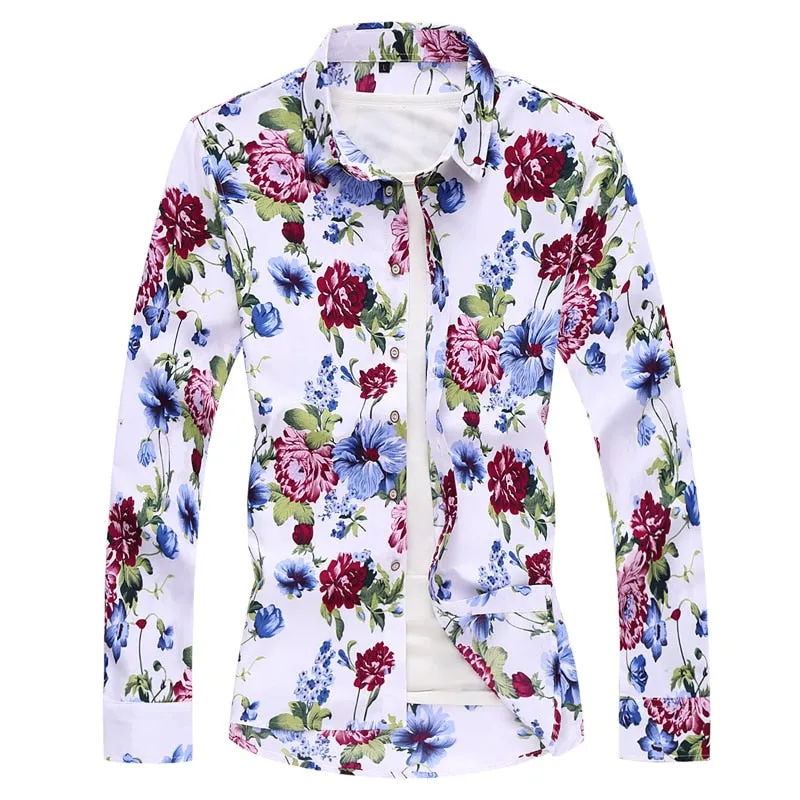 Men's Casual Plant Floral Printed Pattern Slim Fit Long Sleeve Shirt