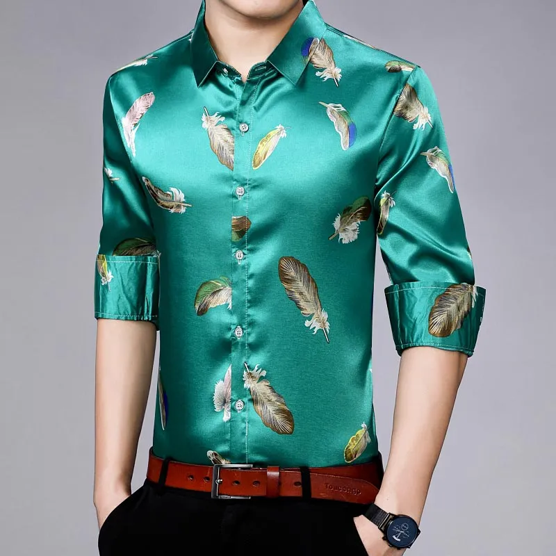 Men's Casual Streetwear Feather Printed Slim Regular Fit Long Sleeve Shirt