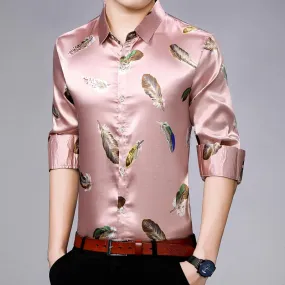 Men's Casual Streetwear Feather Printed Slim Regular Fit Long Sleeve Shirt