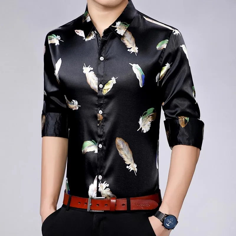 Men's Casual Streetwear Feather Printed Slim Regular Fit Long Sleeve Shirt