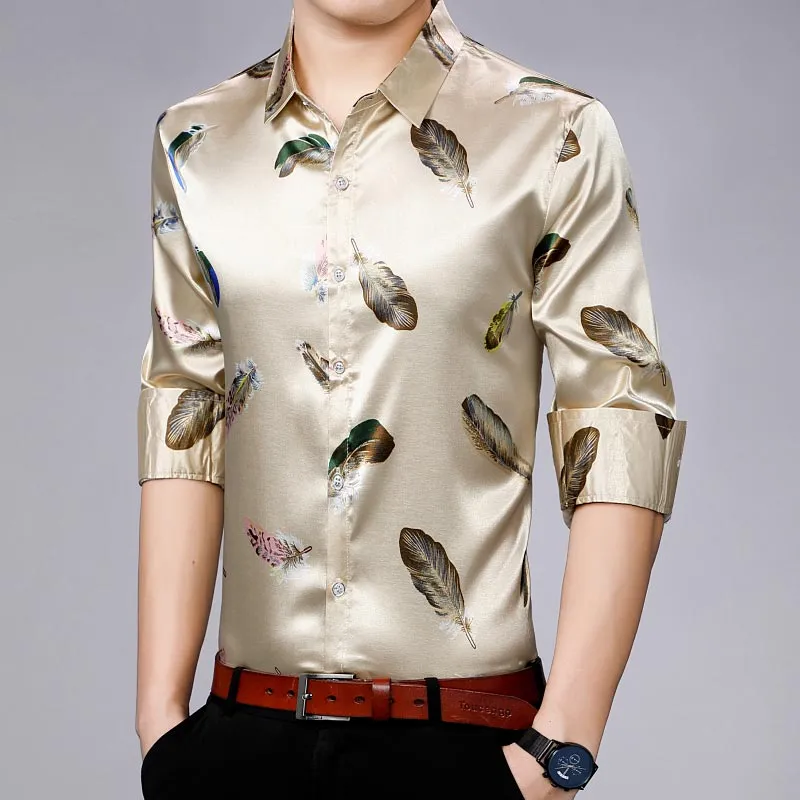 Men's Casual Streetwear Feather Printed Slim Regular Fit Long Sleeve Shirt